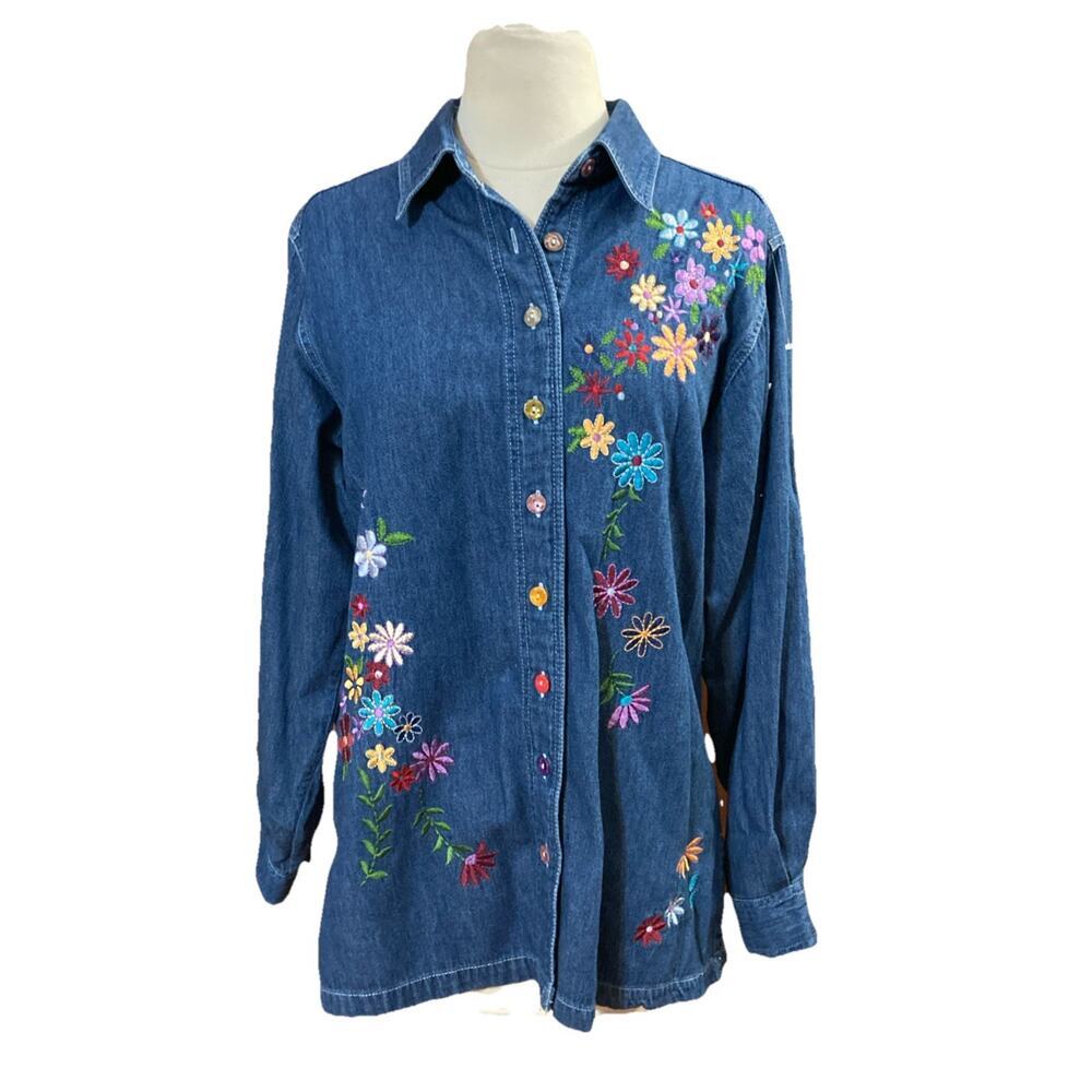 Vtg Silver Threads Embroidered Floral Denim‎ Shirt Sz S Blue Colorful Wallflower
